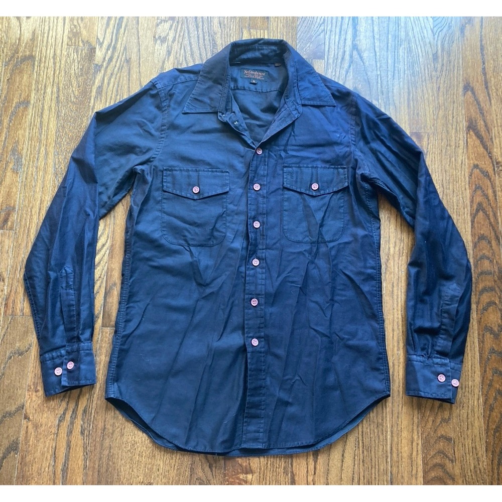 YSL Yves Saint Laurent Shirt Mens Medium Black Cotton Button Up Pockets VTG